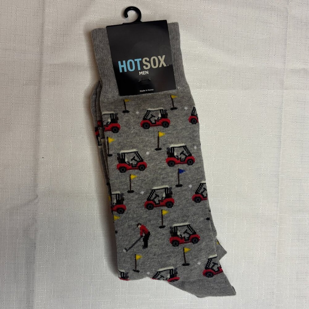 HotSox Men's Golf Cart Crew Socks NWT Gray Red Golfer Flags Novelty Size 10-13
